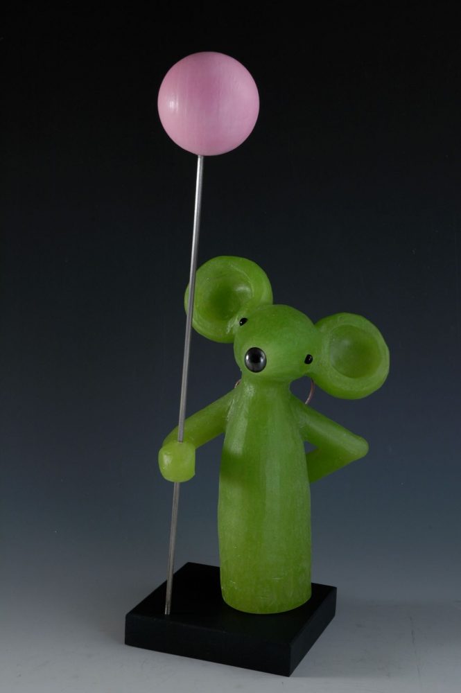 M.Reekie 'Green Mouse With Pink Balloon' H33,W14,D15cm. April 2022